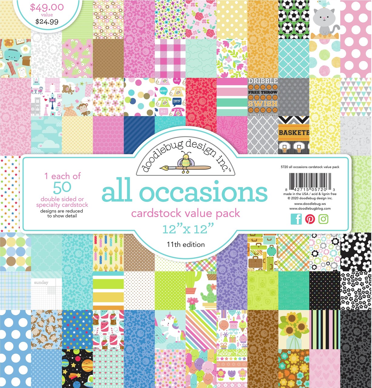 Doodlebug Cardstock Value Pack 12"X12" 50/Pkg-All Occasions, 50 Designs/1 Each